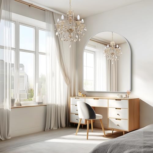 Image of FORBATH Large Arched Wall Mirror 48x40 Inch, Silver Arch Bathroom Mirror with Aluminum Frame, Arched Mirror for Dresser, Fireplace,Entryway,Home Decor,Hanging or Leaning Against Wall