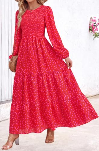 Image of PRETTYGARDEN Women's Fall Dresses 2026 Long Sleeve Flowy Casual Floral Maxi Dress Crew Neck Smocked Tiered Long Dress