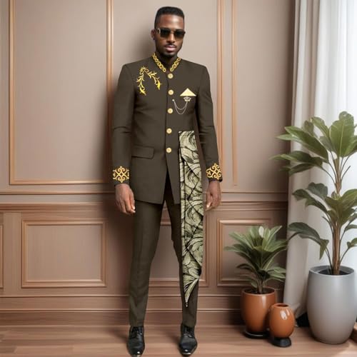 Men`s Business Suits Slim Fit Single Beasted Lined Embroidery Blazer and Pants Set Dashiki Outfits2
