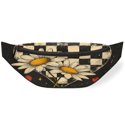 Love Grid Chrysanthemum Fanny Pack for Women Men Waist Pack Crossbody Bag with Adjustable Belt for Travel Hiking Running Cycling Festivals