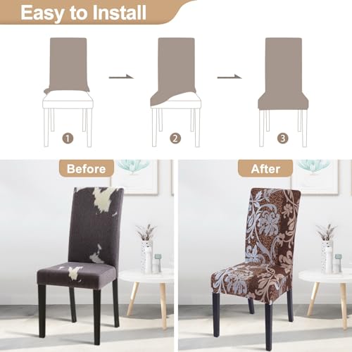 Image of SearchI Dining Room Chair Covers Set of 4, Stretch Printed Parsons Chair Slipcovers Removable Washable Kitchen Chair Protector Cover for Dining Room, Hotel, Ceremony (Brown+Flower)