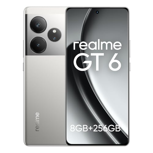 realme GT 6 Smartphone 5G,8GB+256GB Telefono Movil,Snapdragon 8s Gen 3,6.78' 120Hz Pantalla Ultrabrillante de 6000 nits,50MP LYT-808 OIS,5500 mAh,Dual SIM Android 14,NFC,No Carga,Plata