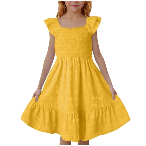 Generisch Elegante abito da ragazza senza maniche con scollo quadrato, gonna a volant, per occasioni festive e per girare, giallo., 13-14 Anni