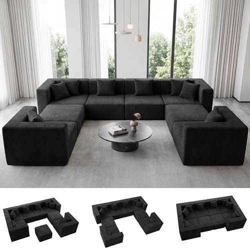 Image of MONVANE Modular Sectional Sofa, Oversized 8 Seat Convertible U Shaped Couch with Ottoman, Comfy Teddy Velvet Cloud Couch with Deep Seat, Sectional Couches for Living Room, No Assembly Required, Black