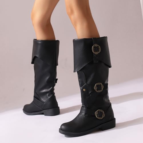 Fall Boots for Women 2025 Knee High Pull On Wide Calf Riding Buckles Chunky Block Heel Motocycle Biker Pirate Boots4