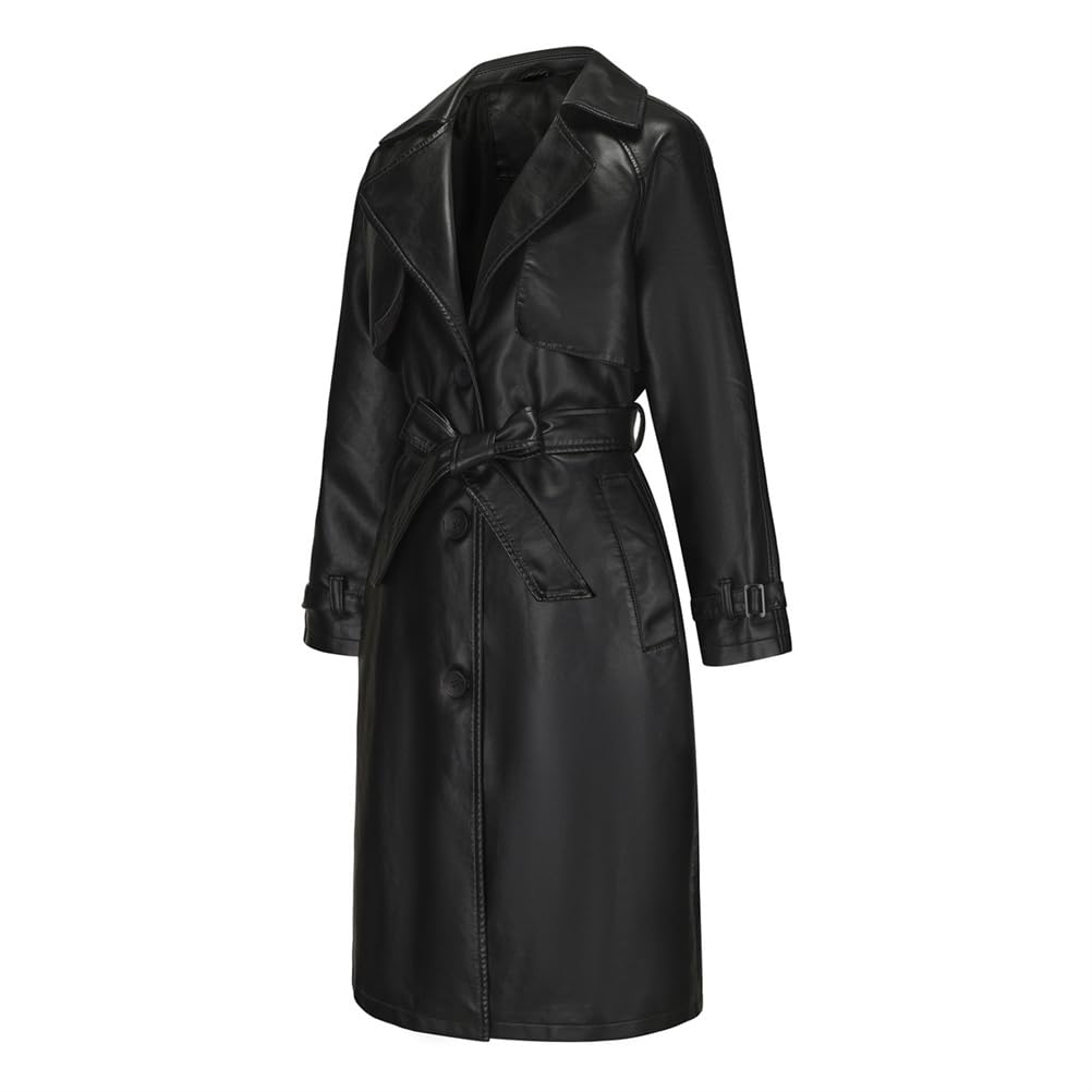 Giacca lunga da donna in pelle allentata, giacche in ecopelle da donna, trench con bottoni con risvolto a tacca