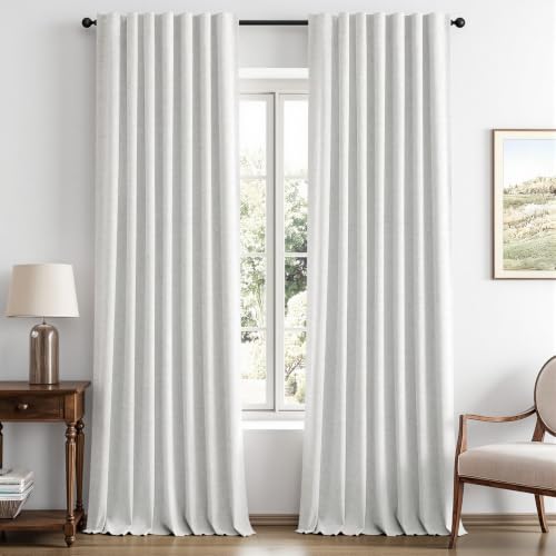 MIULEE 100% Blackout Linen Curtains 42 x 96 Inch Heathered White 2 Panels