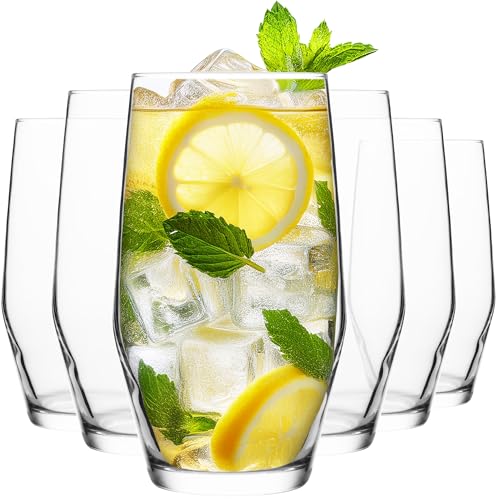 Homiu Highball Drinking Tumbler Glasses | Set of 6 | 495ML | Crystal Clear Tall High Ball Glasses | Water Gin Cocktail Juice | Drinking Glassware | Napoli Collection | Dishwasher Safe