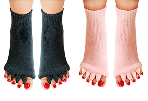 Aibearty 2 Paar Yoga- / Sport- / Fitness-Studio-Zehenspreizer mit fünf Zehenspreizern, Fußausrichtung, Schmerzen, Massagesocken, verhindern Fußkrämpfe, Grau+Rosa, Einheitsgröße Cover