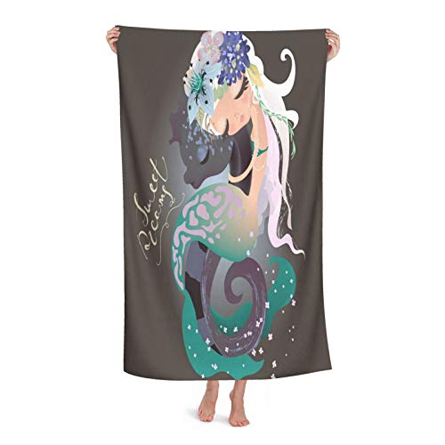 Bonitas toallas de baño de sirena sentadas en un caballito de mar en flores, corona de perlas y letras de dulces sueños, color negro, para hombres y mujeres, toalla de baño absorbente de secado rápid