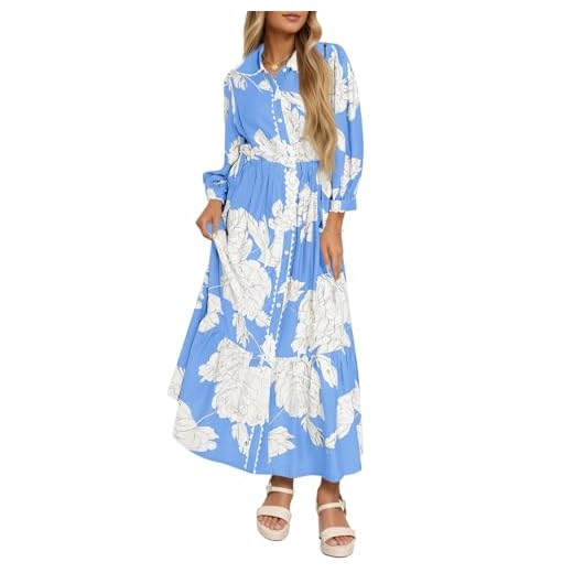 Wenrine Womens Maxi Shirt Dress Casual Floral Collared 3/4 Long Sleeve Drawstring Waist Fall Button Down Dresses Blue