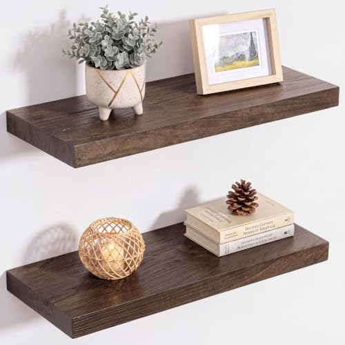 Image of RICHFOCUS Elm Floating Shelves for Wall - 20 inch W x 9.3 inch D Rustic Solid Wood Shelves with Invisible Bracket, Wall-Mounted for Living Room, Bedroom, Kitchen Storage & Display, Set of 2, Walnut