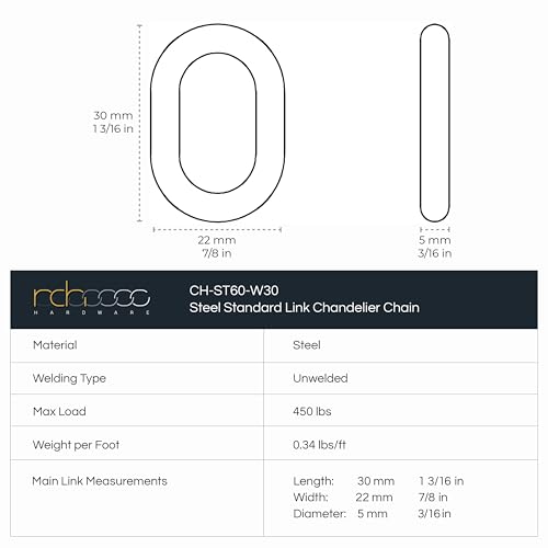 Image of RCH Hardware CH-S60-02-BLK-10 Steel Fixture Chain, 5 Gauge, Black (10 Feet)