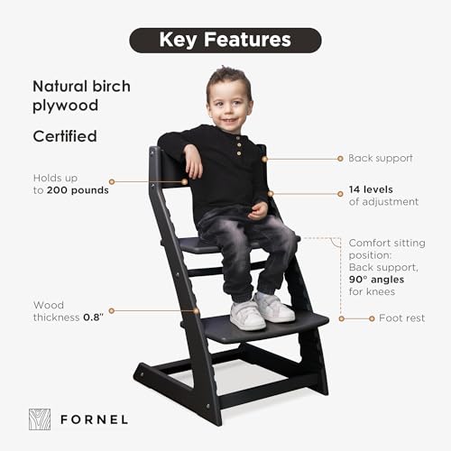 Image of FORNEL Modern Black Wooden High Chair | Adjustable Grow-with-Me Toddler Seat for Age 3 to 15 | Perfect for Minimalist & Industrial Kitchens
