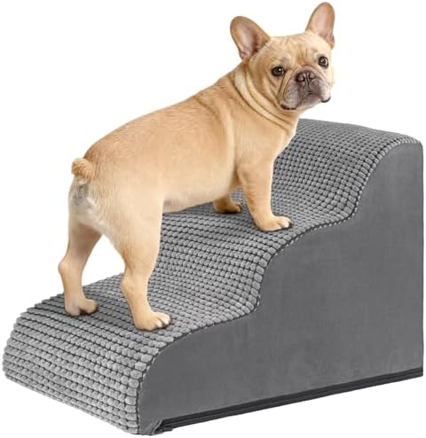 VSIWB Hundetreppe für Kleine Hunde 40 cm Hoch, 3 Stufen, rutschfest, Grau | Katzentreppe, Haustiertreppe für Bett, Sofa, Hunderampe mit Abnehmbarer Waschbarer Bezug Hochdichtem Sch