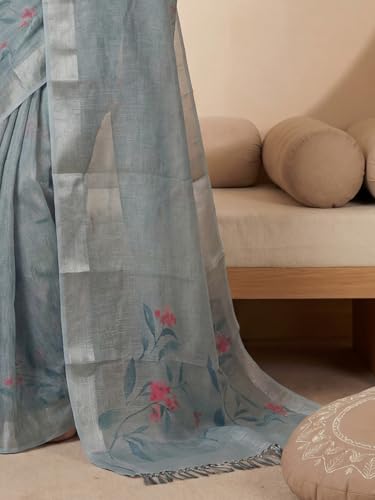 Image of AKHILAM Women's Floral Printed Handloom Cotton Silk Saree with Zari Border and Tassel Pallu Unstitched Blouse Piece | Traditional Ethnic Wear Sarees | Women saree silk | Festive Sari Women's
