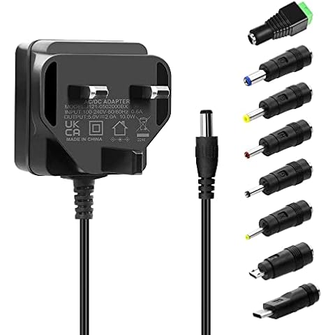Aclorol 5V 2A Power Supply Adapter 5V DC Charger AC 100-240V to DC 5Volt 2000mA 1.5A 1A 10W Universal Converter Transformer for 5V LED Strip Router Audio/Video Security Camera with 8 DC Adapter Plugs Cover