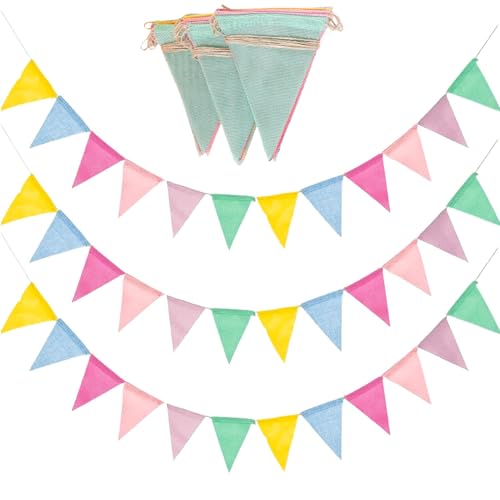 3 Pack-36 Flags Pastel Rainbow Bunting Flags, Fabric Triangle Banner Garland for Easter, Birthday, Wedding and Outdoor Party Decorations