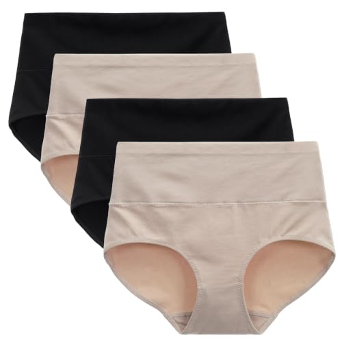 Women's Underwear High Waist Brief Cotton Full Coverage Panty 4 Pack | No Muffin Top Ladies Comfort Breathable Undies Solid Underpants