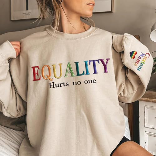 Personalized LGBTQ Sweatshirt, Pride Month Gift, Custom Rainbow Sweater with Text on Sleeve, Shirt for Pride Month3