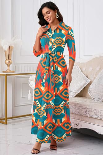 Image of Runwind Women Church Maxi Dresses 3 /4 Sleeve Button Down Print Casual Office Dress African