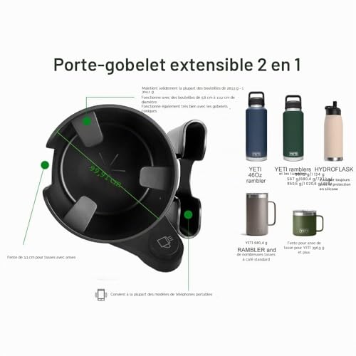 Expanseur porte-gobelet voiture à base extensible et support smartphone