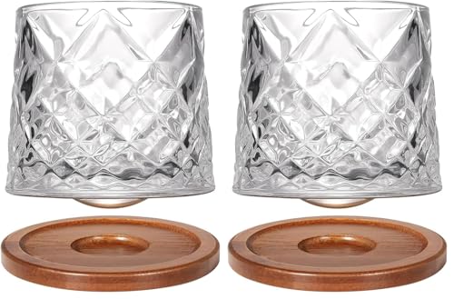 Uten Verre à Eau Rotatif 275 ml - Dessous en Bambou - Pour Whisky, Rhum, Cocktail, Café - Gobelet Anti-Stress - 1 Pièce (Lot de 2)
