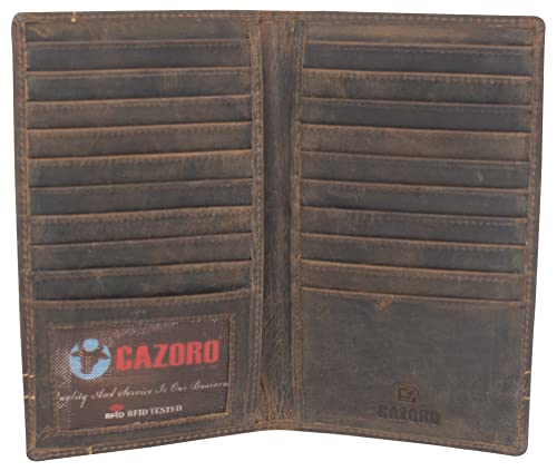 RFID Blocking Mens Genuine Vintage Leather Bifold Long Wallet (Logo Brown)