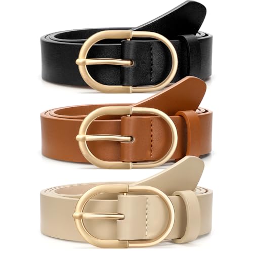 JASGOOD 3 Pack Women's Leather Belt with Gold Buckle Ladies Waist Belts for Jeans & Pants (Black/Brown/Beige) - Size L