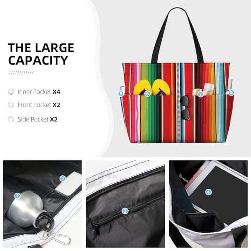Mexican Serape Blanket Stripes Print Large Beach Tote Bag for Women Extra Large Capacity Sandproof Waterproof Pool Bag Suitable for Swimming Pool Gym Groceries Travel3