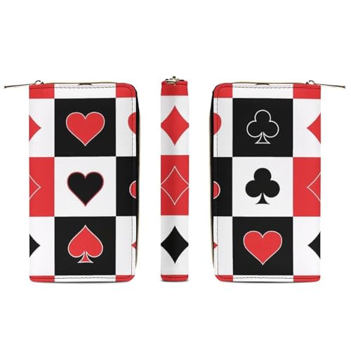 Adult Fashion Printed Leather Wallet, Water Resistant and Large Capacity Poker Suits Hearts Diamonds Spades Grid Playing Cards Wallets for Everyday Carry3