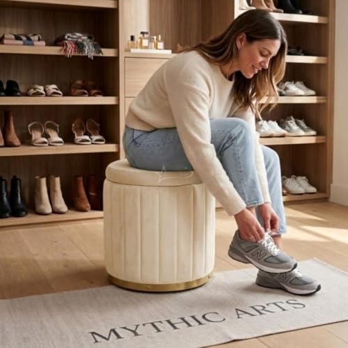 Image of Superior Round Storage Ottoman Stool 13 X 13X 16 inch, with Gold Metal Base | Elegant Pouffe with Secret Storage | Cushioned Footrest for Living Room, Bedroom, and Lounge Cream