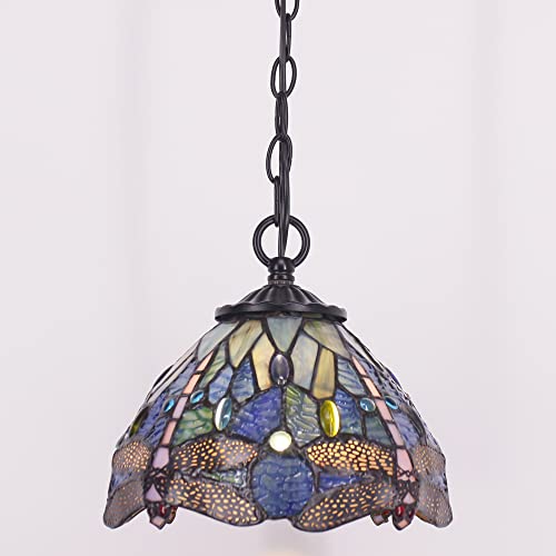 Rhlamps Tiffany Pendant Lighting With W8H7 Inch Navy Blue Stained Glass Dragonfly Style Shade, Vintage Black Metal Hanging Lamp, Luxury Ceiling Fixture For Living Room Bedroom Kitchen Dining Room #TOP5