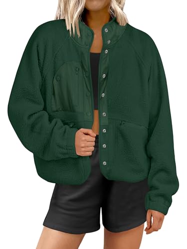 ANRABESS Womens Fuzzy Fleece Jacket Fall Casual Long Sleeve Cropped Sherpa Button Down Shacket Coats Outwear With Pockets Green Medium