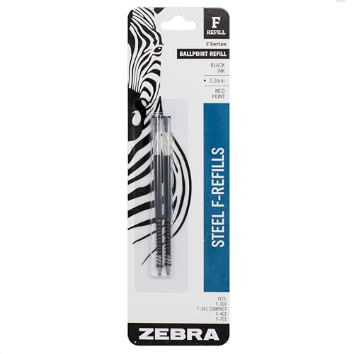 Zebra Pen Steel, F-Refill Ballpoint Ink Refills, 1.0mm Medium Point, Black Ink, Fits Zebra F-301, F-402, and F-701 Ballpoint Pens, Smooth Writing Performance, 2-Pack (85412)