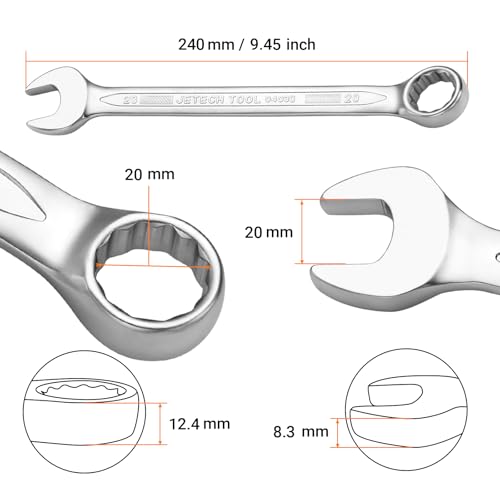 Image of Jetech 20mm Combination Wrench - Industrial Grade, Chrome Vanadium Steel, Sand Blasted Finish, 12-Point Design, 15-Degree Offset, Forged, Heat-Treated, Metric
