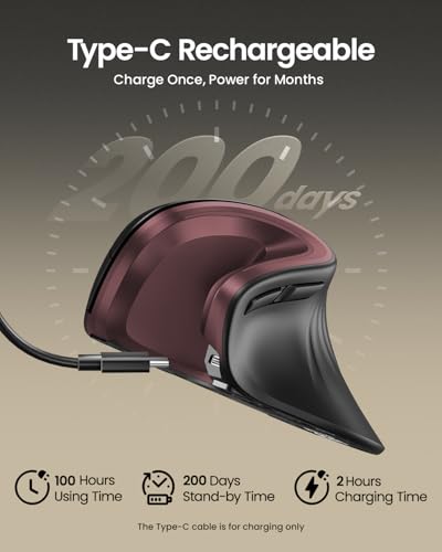 Image of ProtoArc EM11 NL Wireless Ergonomic Vertical Mouse, Rechargeable, Wine Red | 58 vertical design supports a natural wrist posture, connect 3 devices via Bluetooth /2.4G USB-A, 500mAh USB-C rechargeable.