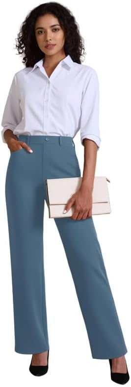  Womens Dress Pants Stretchy High Waisted Pull On Work Slacks thumbnail