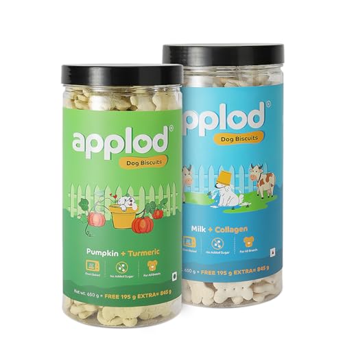 Image of Pumpkin with Turmeric & Milk with Collagen Dog Biscuits Combo for Puppies & Adult Dogs, All Breeds | Oven-Baked Crunchy Dog Treats & Biscuits | Pack of 2 Flavours | 845g x 2