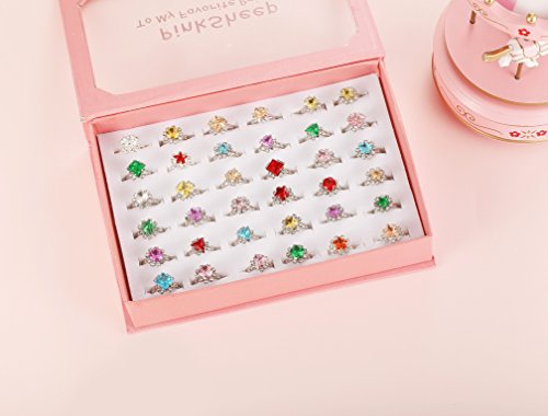 PinkSheep Diamond Rings for Kids, Girl 36PCS Colorful Rhinestone Rings, Sparkle Adjustable, Girl Pretend Play and Dress Up Rings