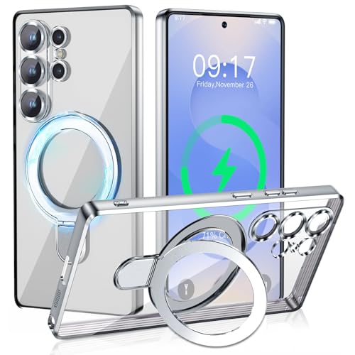Image of Magnetic Stand & Full Camera Lens Protector Case for Samsung Galaxy S25 Ultra[Compatible with MagSafe][Military Drop Protective]Not Yellowing Clear Slim Soft S25 Ultra Phone Case for Women Men,Silver
