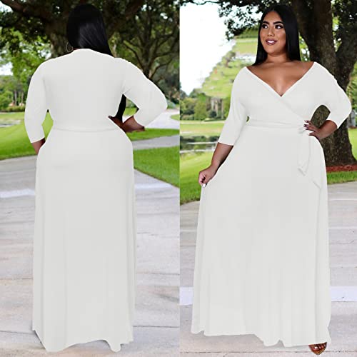 Image of Runwind Plus Size Dresses for Women Floral Maxi Dress Flowy 3 /4 Sleeve with Belt