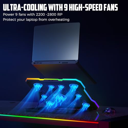 Image of CLAW Storm Pro A21 Laptop Cooling Pad with 9 Fans (6x60mm + 4x85mm, Up to 2400 RPM), RGB Lighting, LCD Display, Mobile Stand, 9 Height Levels, USB & Type-C Ports, Fits Up to 17-Inch Laptops - Black