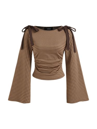 CIDER Tops Gingham Bowknot Ruched Long Sleeve Boat Neck Slim Fit