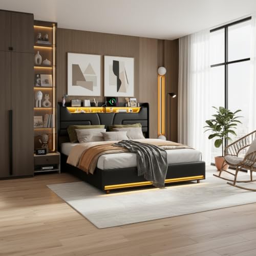 BLSYHDH   Cama de maletero de 140 x 190, cama acolchada hidráulica con leche, con cabezal y somier de láminas, cama doble con almacenamiento (negro+PU A, 140 x 190)