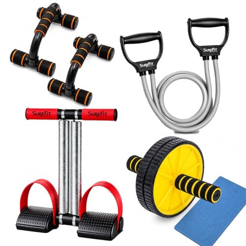 Image of SUREFIT Double Spring Tummy Trimmer, Resistance Toning Tube, Ab Roller & Push-Up Bar 4-in-1 Home Gym Combo Full Body Fitness Kit for Men & Women | Black (Maroon)