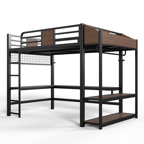 Image of Bellemave Full Size Loft Bed with Desk and USB Ports, Clothes Hanging Rod, LED, Metal Full Loft Bed Frame for Adults, Kids, Teens, Black