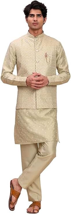 Pro-Ethic Style Developer Men's Cuffed Sleeves Silk Kurta and Trouser Set with Waistcoat (Nehru Jacket) (C-120)