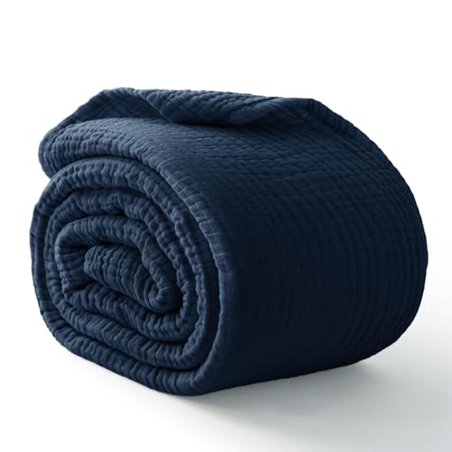 Image of 100% Cotton Muslin Blanket 40 inch x 40 inch, Breathable and Lightweight Cotton Throw Blankets, Soft Cooling Summer Gauze Blanket for All Season, Navy Blue
