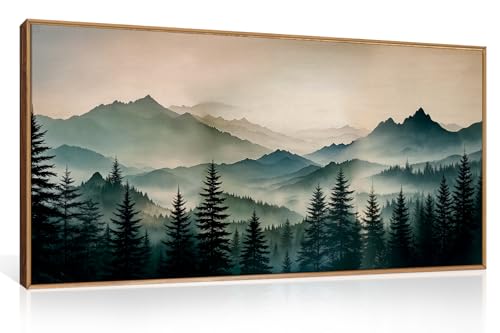 HPNIUB Large Green Mountain Framed Canvas Wall Art,Foggy Forest Wall Decor,Modern Watercolor Boho Pine Tree Wall Painting,Nature Mountains Landscape Art Print for Living Room,Bedroom,Office-20 x40